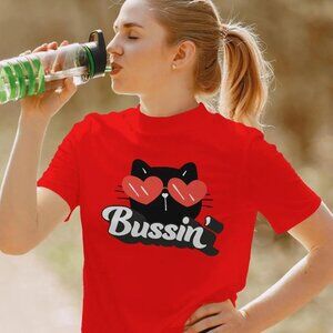 Trendy Light Blue T-shirt with a Cute Cat Wearing Heart Glasses and "Bussin'"